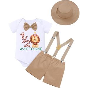 imageIDOPIP First Birthday Outfit Boy Baby Lion Cake Smash Clothes Safari Animals Romper Suspenders Shorts Hat Set for Photo ShootKhaki 12