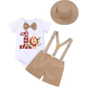 imageIDOPIP First Birthday Outfit Boy Baby Lion Cake Smash Clothes Safari Animals Romper Suspenders Shorts Hat Set for Photo ShootKhaki