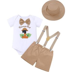 imageIDOPIP First Birthday Outfit Boy Baby Lion Cake Smash Clothes Safari Animals Romper Suspenders Shorts Hat Set for Photo ShootKhaki No1  Hat