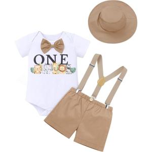 imageIDOPIP First Birthday Outfit Boy Baby Lion Cake Smash Clothes Safari Animals Romper Suspenders Shorts Hat Set for Photo ShootKhaki One