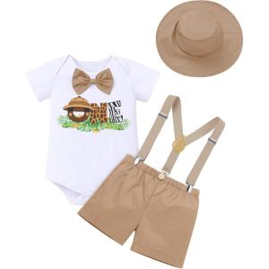 imageIDOPIP First Birthday Outfit Boy Baby Lion Cake Smash Clothes Safari Animals Romper Suspenders Shorts Hat Set for Photo ShootKhaki One Hat