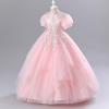imageIDOPIP Flower Girl Sequin Applique Dress for Kids Wedding Pageant Party Long Gown Princess Communion Handkerchief Tulle DressPink