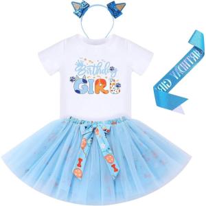 imageIDOPIP Blue Birthday Girl Outfit for Baby Toddler Girls Birthday Shirt Tutu Skirt Dog Ears Sash Cake Smash Photo Shoot 16TBlue