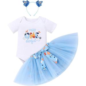 imageIDOPIP Blue Birthday Girl Outfit for Baby Toddler Girls Birthday Shirt Tutu Skirt Dog Ears Sash Cake Smash Photo Shoot 16TBlue One 3pcs
