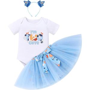 imageIDOPIP Blue Birthday Girl Outfit for Baby Toddler Girls Birthday Shirt Tutu Skirt Dog Ears Sash Cake Smash Photo Shoot 16TBlue Two 3pcs