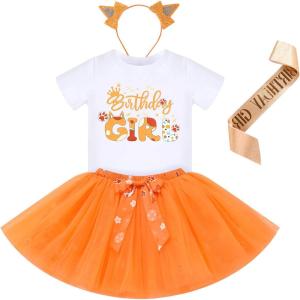 imageIDOPIP Blue Birthday Girl Outfit for Baby Toddler Girls Birthday Shirt Tutu Skirt Dog Ears Sash Cake Smash Photo Shoot 16TOrange