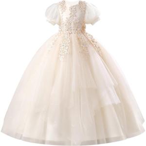 imageIDOPIP Flower Girl Sequin Applique Dress for Kids Wedding Pageant Party Long Gown Princess Communion Handkerchief Tulle DressChampagne