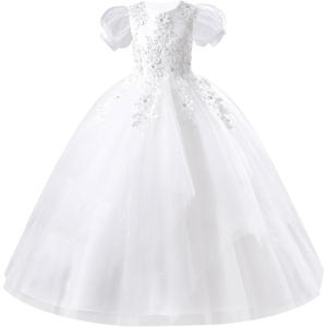 imageIDOPIP Flower Girl Sequin Applique Dress for Kids Wedding Pageant Party Long Gown Princess Communion Handkerchief Tulle DressWhite
