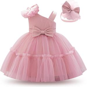 imageIDOPIP Toddler Baby Flower Girl Dress Bowknot Princess Tulle Tutu Party Wedding Birthday Pageant Dresses with Headband OutfitDusty Pink