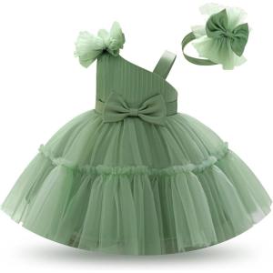 imageIDOPIP Toddler Baby Flower Girl Dress Bowknot Princess Tulle Tutu Party Wedding Birthday Pageant Dresses with Headband OutfitGreen