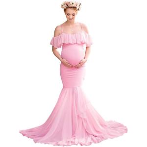 imageWomen Ruffle Chiffon Off Shoulder Maternity Dress for Photography Baby Shower Flounce Maxi Mermaid Gown for Photoshoot