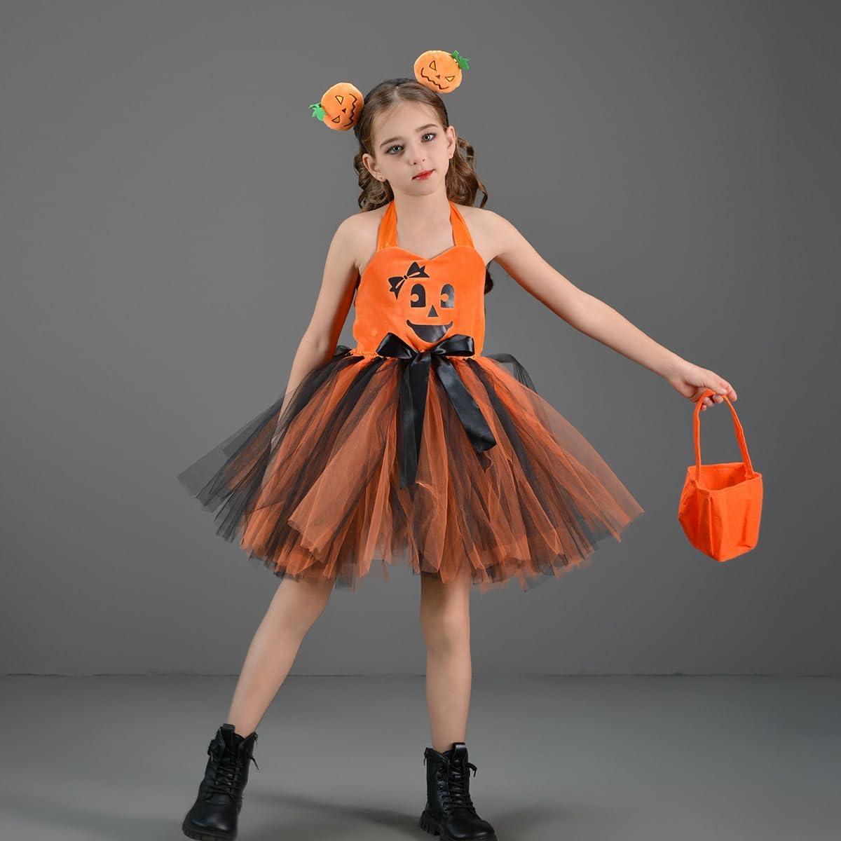 imageIDOPIP Halloween Pumpkin Costume for Kids Girls Princess Party Dress up Cosplay with Headband and Bags for Photo Shoot 212TOrange  Black