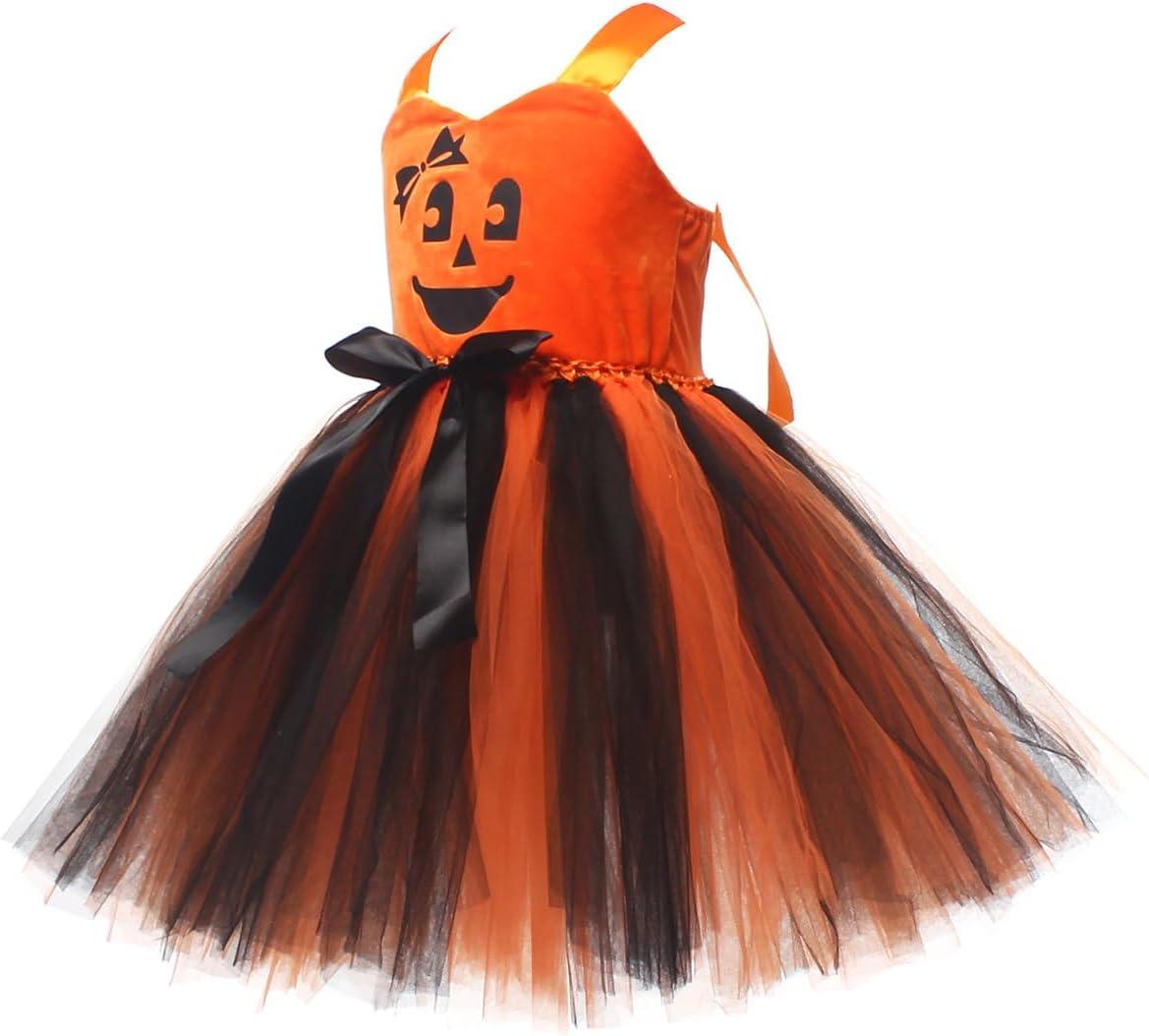 imageIDOPIP Halloween Pumpkin Costume for Kids Girls Princess Party Dress up Cosplay with Headband and Bags for Photo Shoot 212TOrange  Black