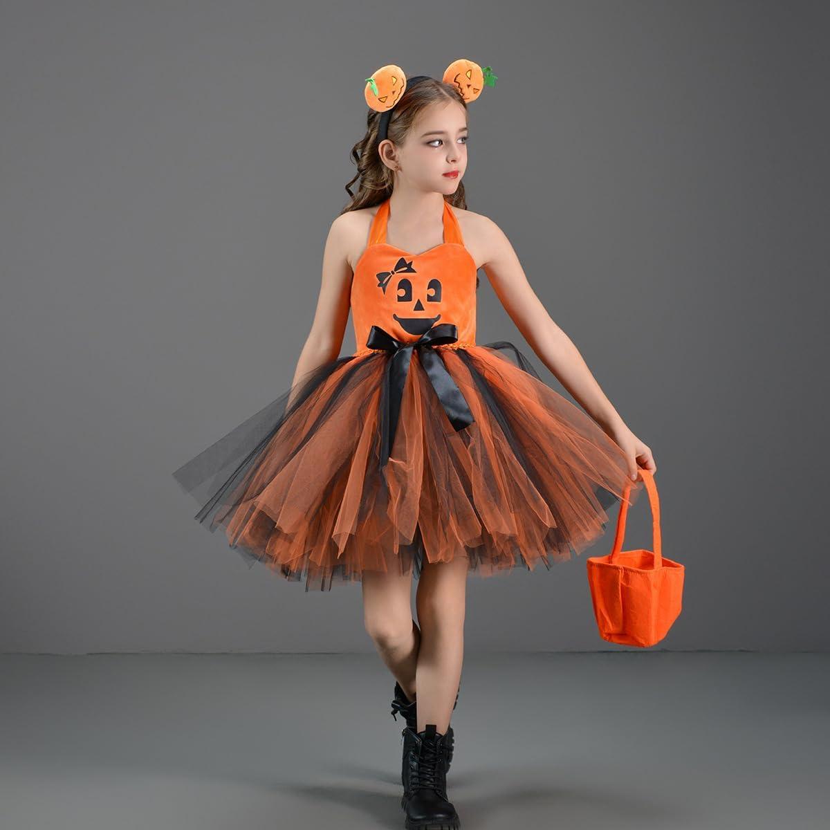 imageIDOPIP Halloween Pumpkin Costume for Kids Girls Princess Party Dress up Cosplay with Headband and Bags for Photo Shoot 212TOrange  Black