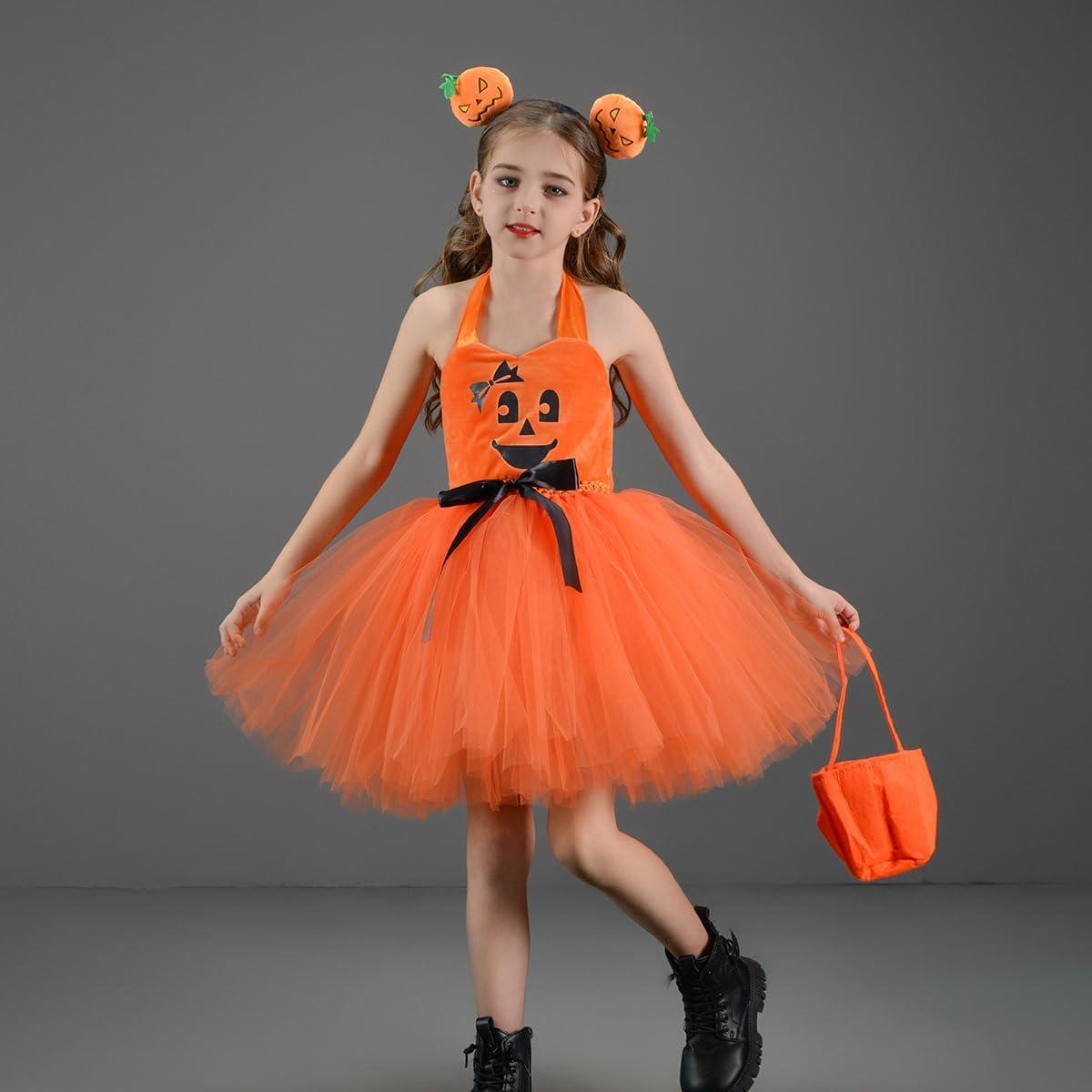 imageIDOPIP Halloween Pumpkin Costume for Kids Girls Princess Party Dress up Cosplay with Headband and Bags for Photo Shoot 212TOrange