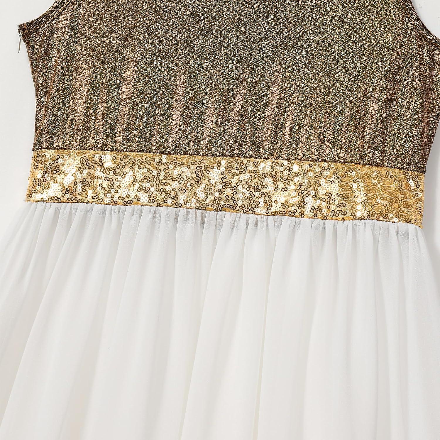 imageIDOPIP Praise Dance Overlay for Girls Metallic Sequin Praise Dance Dress Asymmetrical Worship Tunic Liturgical Dancewear 310Gold