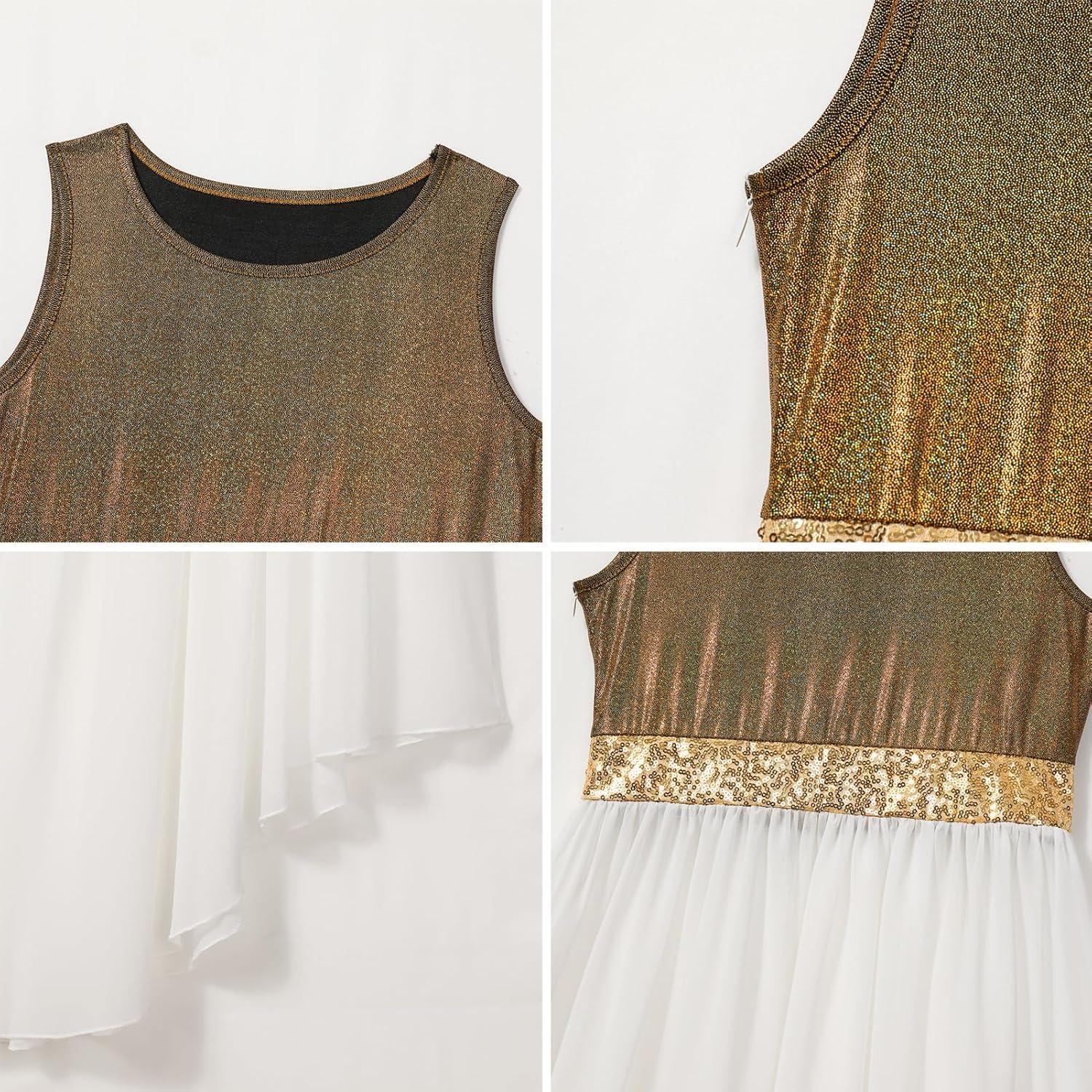 imageIDOPIP Praise Dance Overlay for Girls Metallic Sequin Praise Dance Dress Asymmetrical Worship Tunic Liturgical Dancewear 310Gold