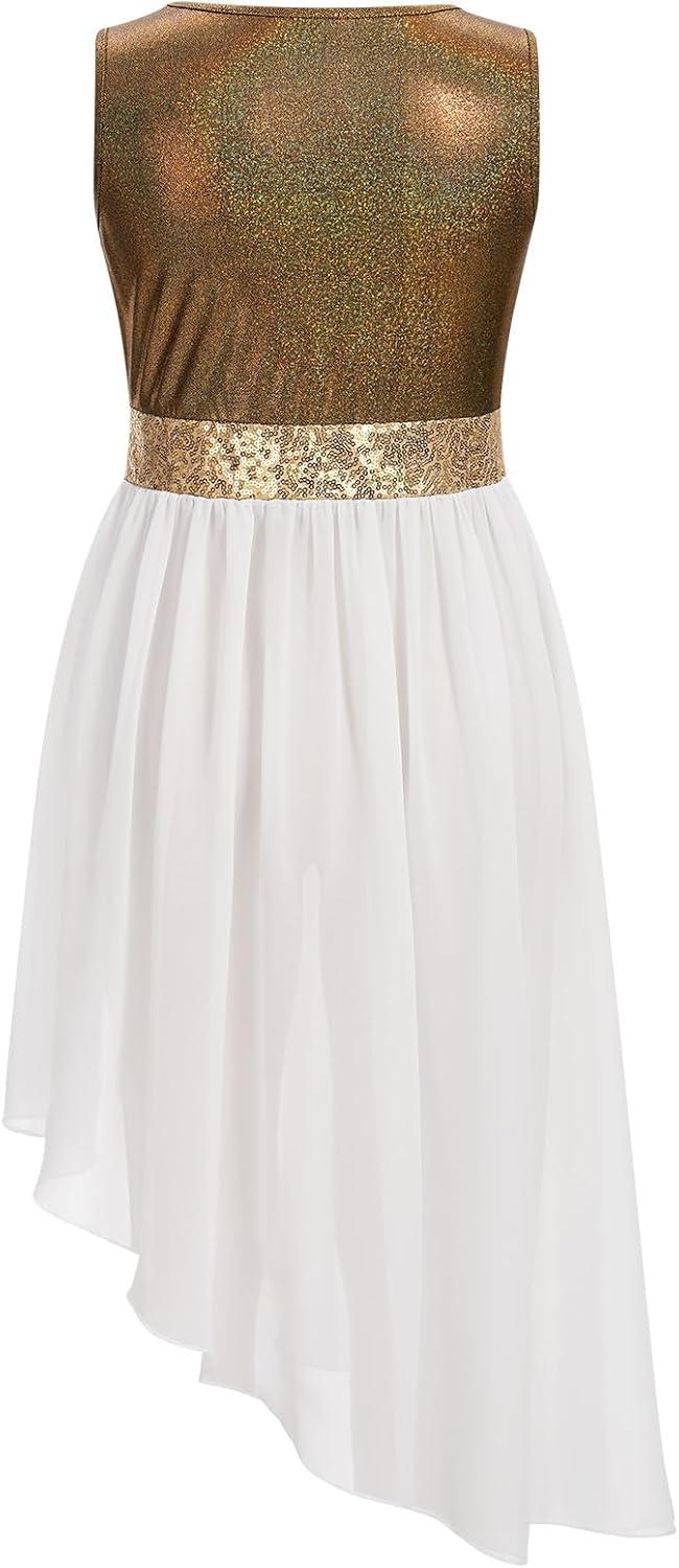 imageIDOPIP Praise Dance Overlay for Girls Metallic Sequin Praise Dance Dress Asymmetrical Worship Tunic Liturgical Dancewear 310Gold