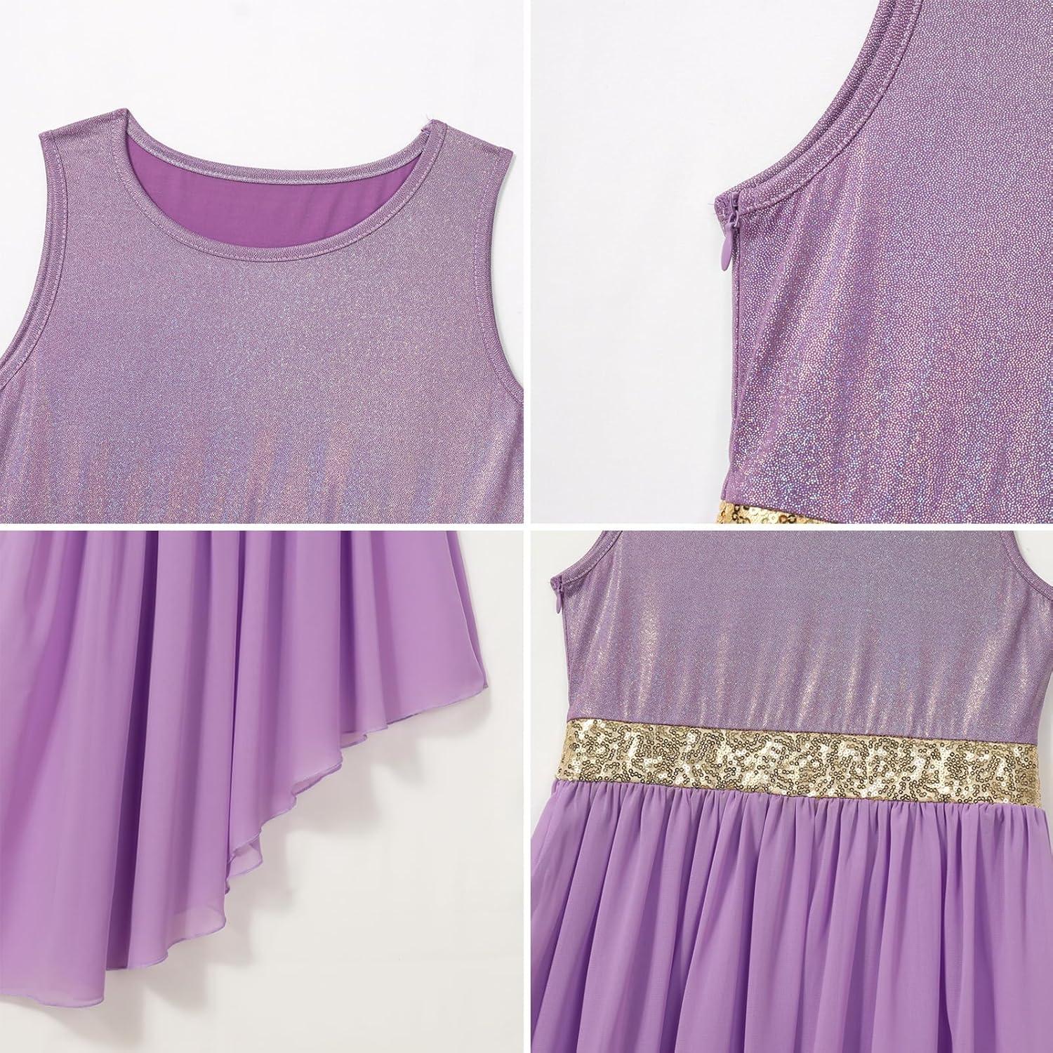 imageIDOPIP Praise Dance Overlay for Girls Metallic Sequin Praise Dance Dress Asymmetrical Worship Tunic Liturgical Dancewear 310Purple
