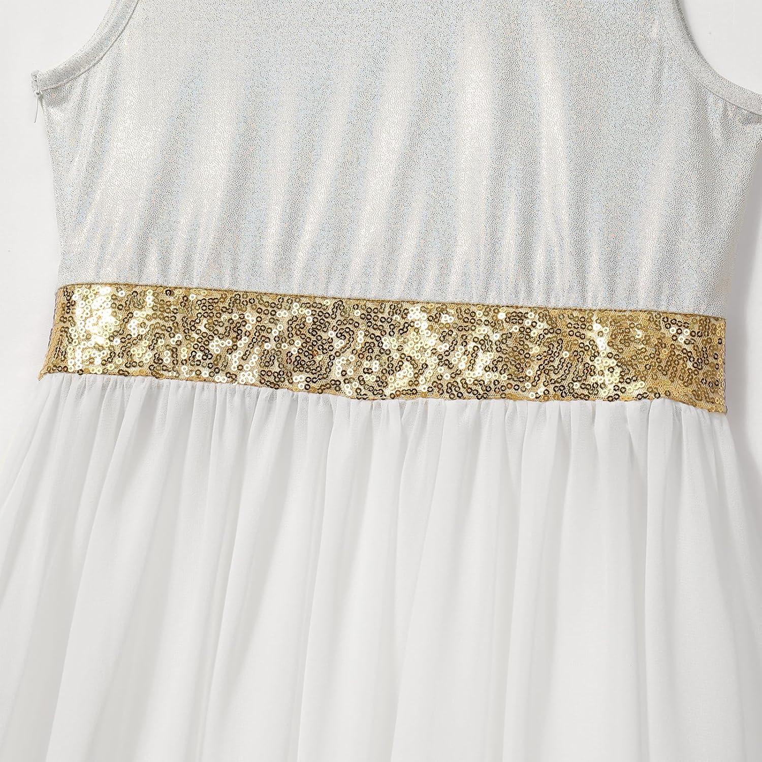 imageIDOPIP Praise Dance Overlay for Girls Metallic Sequin Praise Dance Dress Asymmetrical Worship Tunic Liturgical Dancewear 310White