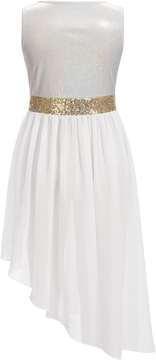 imageIDOPIP Praise Dance Overlay for Girls Metallic Sequin Praise Dance Dress Asymmetrical Worship Tunic Liturgical Dancewear 310White