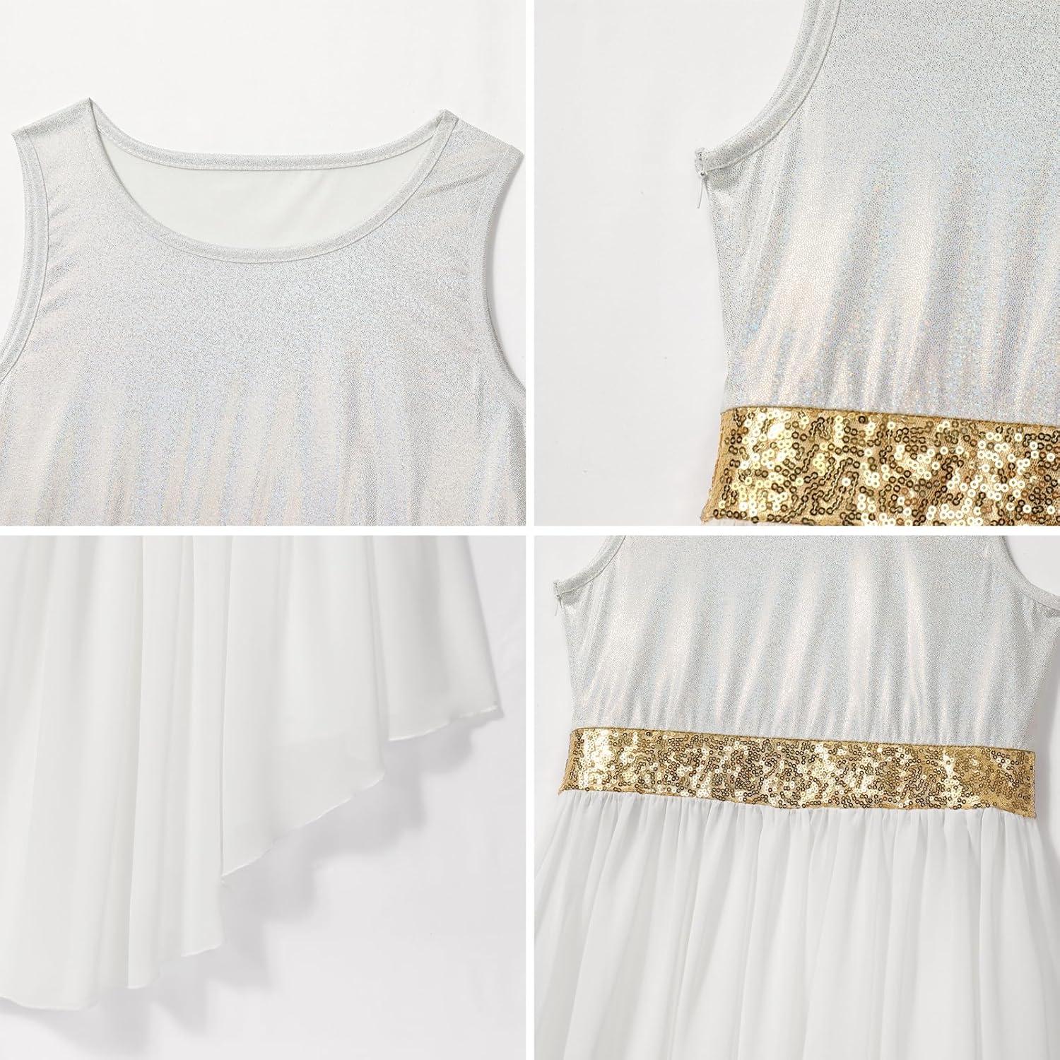 imageIDOPIP Praise Dance Overlay for Girls Metallic Sequin Praise Dance Dress Asymmetrical Worship Tunic Liturgical Dancewear 310White