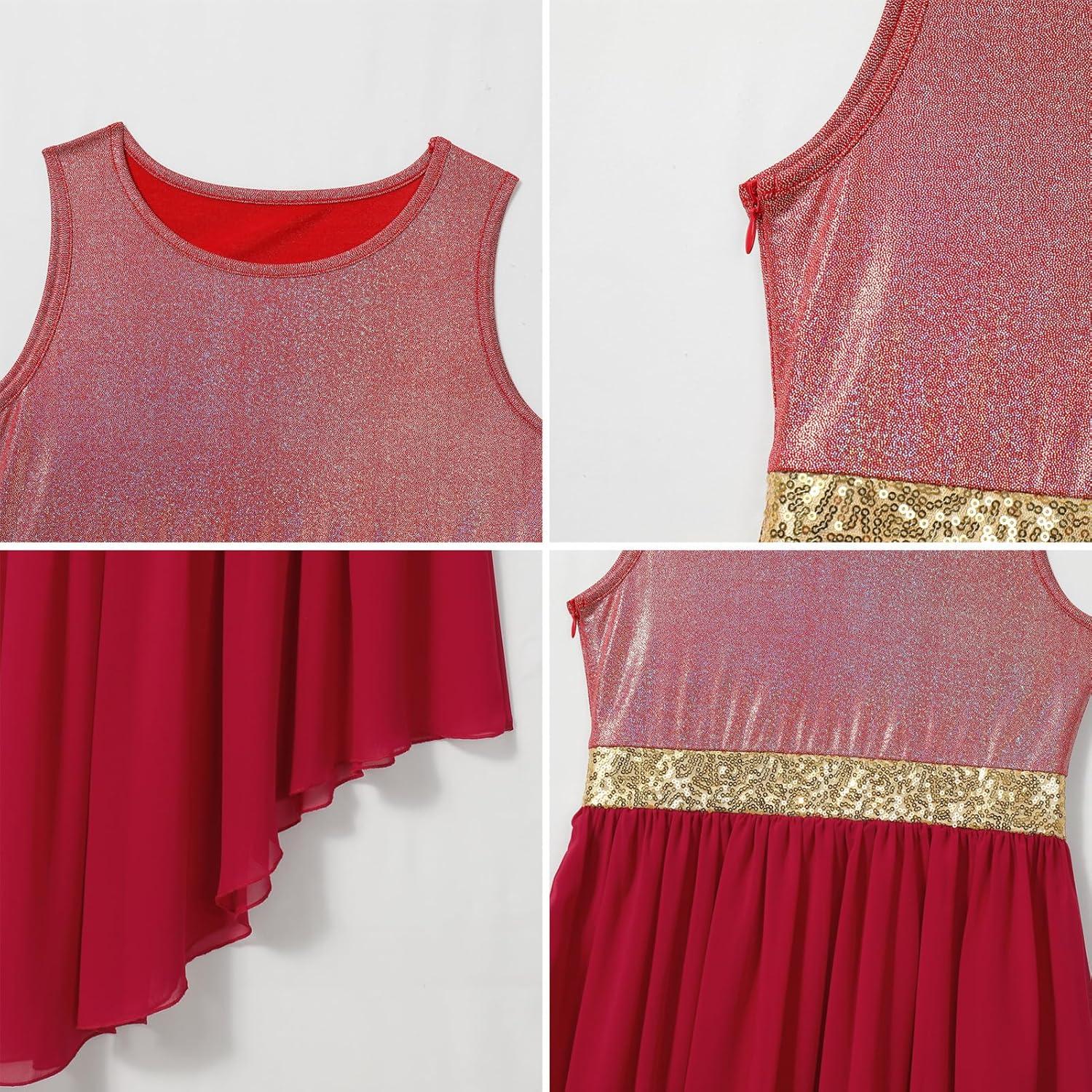 imageIDOPIP Praise Dance Overlay for Girls Metallic Sequin Praise Dance Dress Asymmetrical Worship Tunic Liturgical Dancewear 310Wine Red