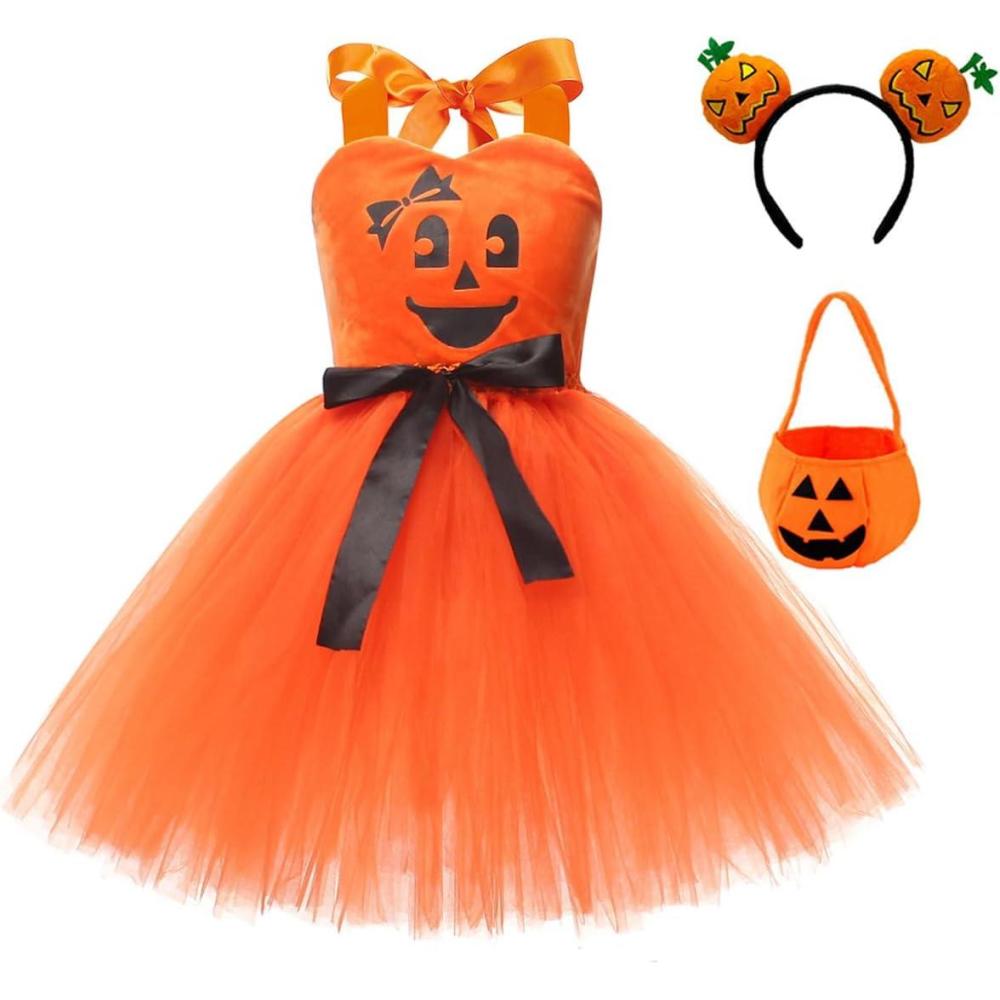 imageIDOPIP Halloween Pumpkin Costume for Kids Girls Princess Party Dress up Cosplay with Headband and Bags for Photo Shoot 212TOrange