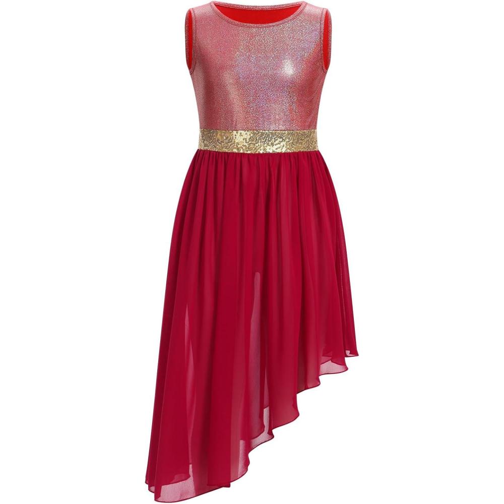 imageIDOPIP Praise Dance Overlay for Girls Metallic Sequin Praise Dance Dress Asymmetrical Worship Tunic Liturgical Dancewear 310Wine Red
