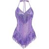 imageIDOPIP Women Sequin Fringe Bodysuit Sparkly Tassel Leotard Romper Womens Latin Dance Dress Sexy Festival Rave Party OutfitsPurple
