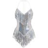 imageIDOPIP Women Sequin Fringe Bodysuit Sparkly Tassel Leotard Romper Womens Latin Dance Dress Sexy Festival Rave Party OutfitsSilver