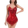 imageIDOPIP Women Sequin Fringe Bodysuit Sparkly Tassel Leotard Romper Womens Latin Dance Dress Sexy Festival Rave Party OutfitsRed