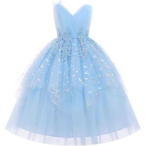 imageIDOPIP Flower Girl Sequin Butterfly Dress for Kids Wedding Pageant Party Long Gown Princess Birthday Handkerchief Tulle DressBlue