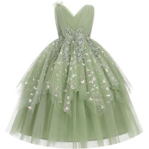 imageIDOPIP Flower Girl Sequin Butterfly Dress for Kids Wedding Pageant Party Long Gown Princess Birthday Handkerchief Tulle DressGreen