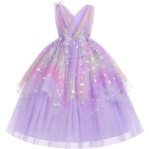 imageIDOPIP Flower Girl Sequin Butterfly Dress for Kids Wedding Pageant Party Long Gown Princess Birthday Handkerchief Tulle DressPurple