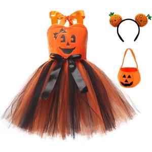 imageIDOPIP Halloween Pumpkin Costume for Kids Girls Princess Party Dress up Cosplay with Headband and Bags for Photo Shoot 212TOrange  Black