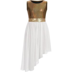 imageIDOPIP Praise Dance Overlay for Girls Metallic Sequin Praise Dance Dress Asymmetrical Worship Tunic Liturgical Dancewear 310Gold