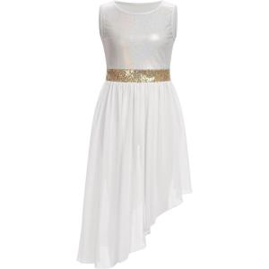 imageIDOPIP Praise Dance Overlay for Girls Metallic Sequin Praise Dance Dress Asymmetrical Worship Tunic Liturgical Dancewear 310White