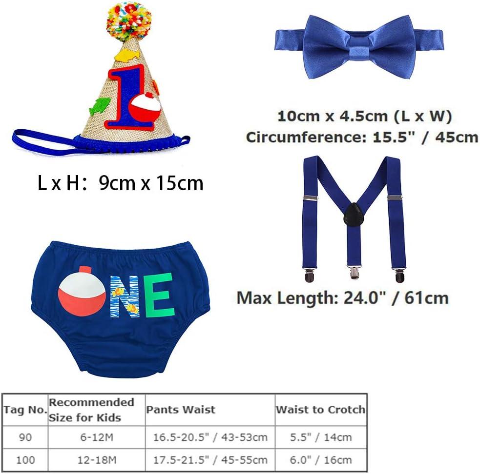 imageBaby Boys First 1st Birthday Cake Smash Outfit One Bloomers Diaper Cover PP Pants Yback Suspenders Bow Tie Hat 4PCS Clothes Set Party Costume Photo Props Royal Blue  One 1218 Months