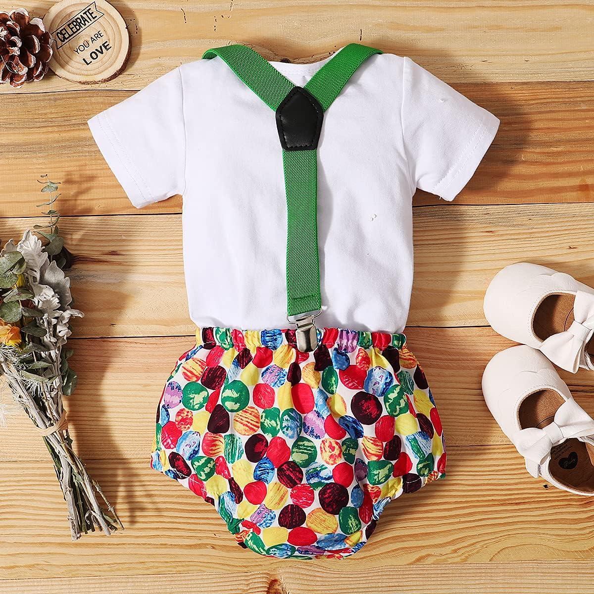imageIDOPIP Baby Boys 1st Birthday Cake Smash Outfit Bowtie Romper Suspenders Shorts Pants Formal Suit Clothes for Photo ShootGreen Printed