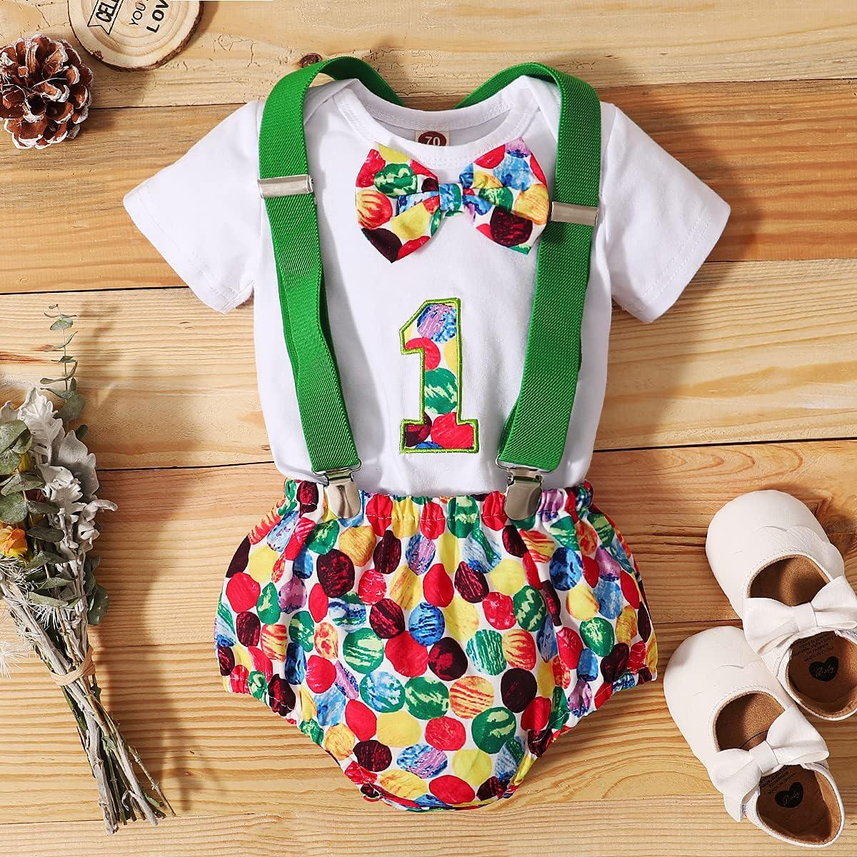 imageIDOPIP Baby Boys 1st Birthday Cake Smash Outfit Bowtie Romper Suspenders Shorts Pants Formal Suit Clothes for Photo ShootGreen Printed
