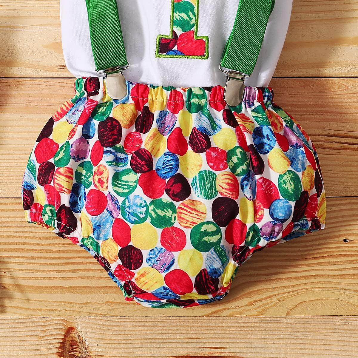 imageIDOPIP Baby Boys 1st Birthday Cake Smash Outfit Bowtie Romper Suspenders Shorts Pants Formal Suit Clothes for Photo ShootGreen Printed