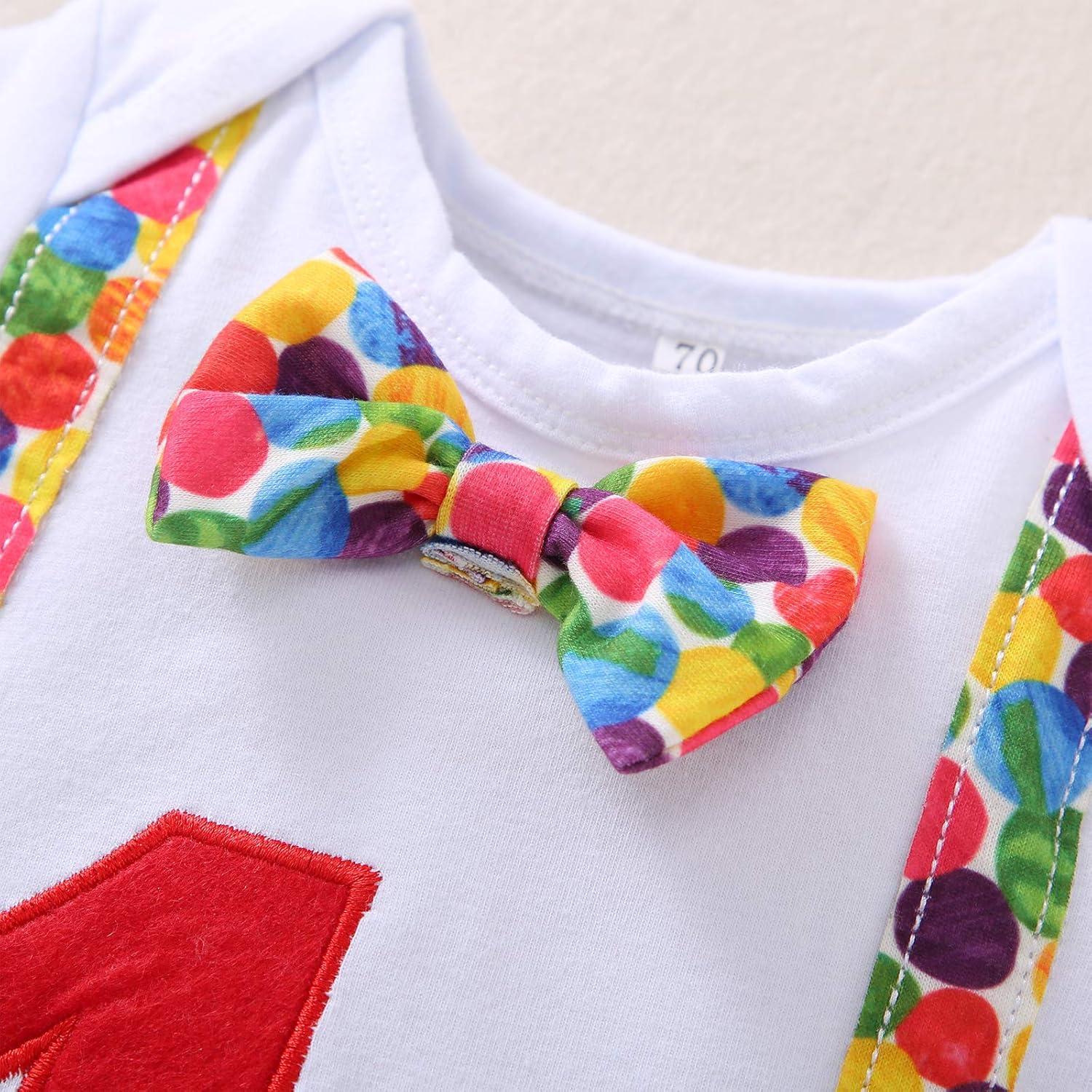 imageIDOPIP Baby Boys 1st Birthday Cake Smash Outfit Bowtie Romper Suspenders Shorts Pants Formal Suit Clothes for Photo ShootRed  Colorful Dot