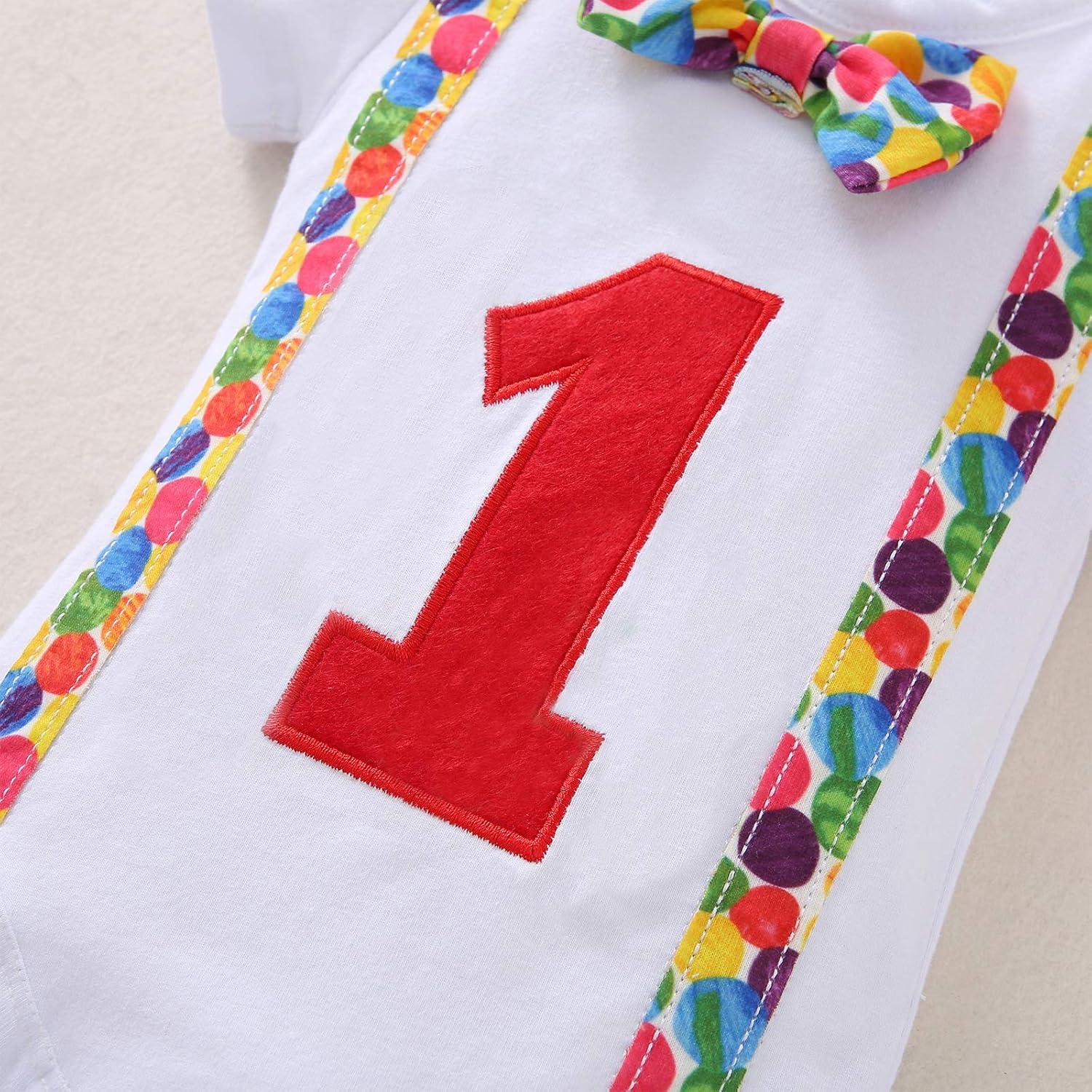 imageIDOPIP Baby Boys 1st Birthday Cake Smash Outfit Bowtie Romper Suspenders Shorts Pants Formal Suit Clothes for Photo ShootRed  Colorful Dot