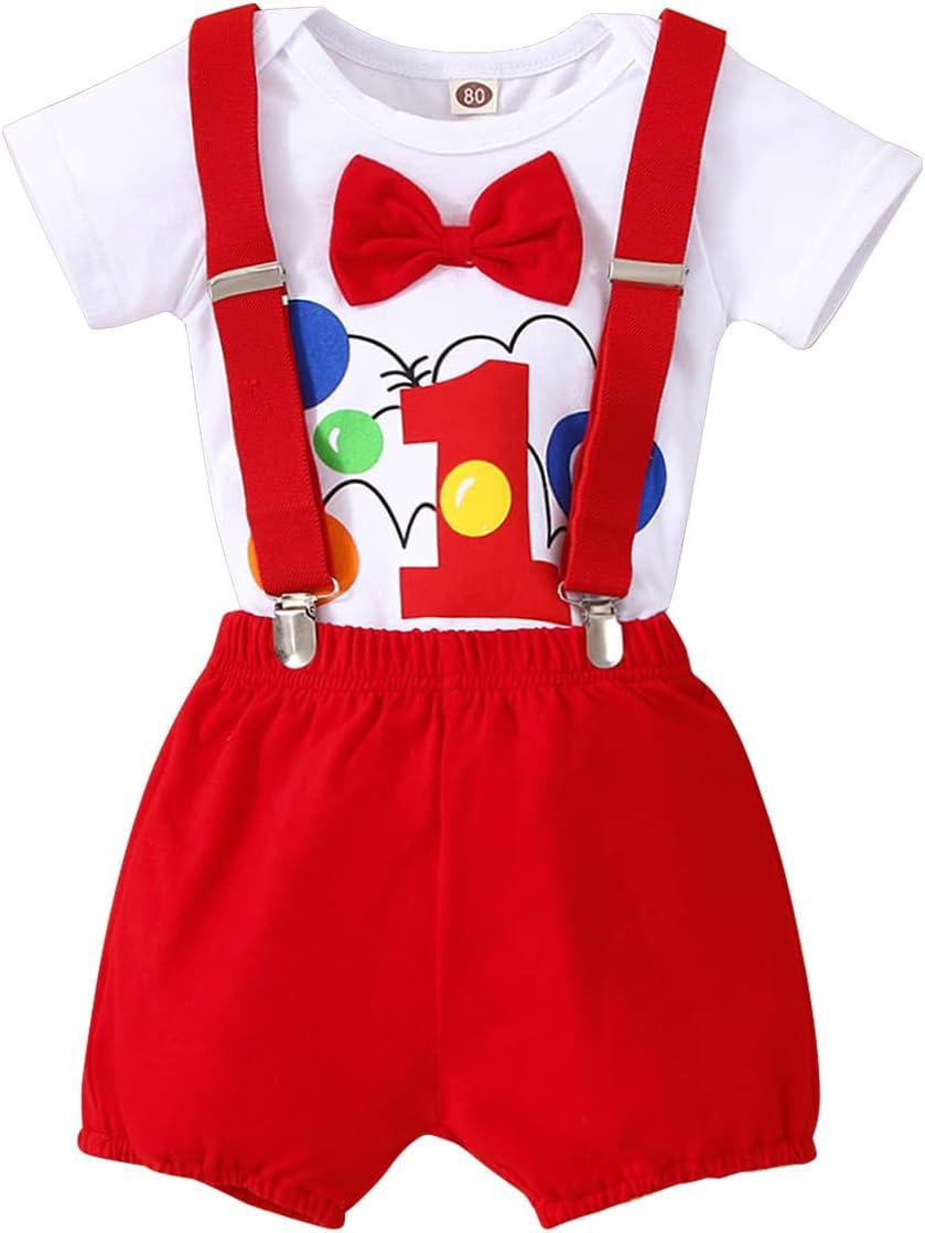 imageIDOPIP Baby Boys 1st Birthday Cake Smash Outfit Bowtie Romper Suspenders Shorts Pants Formal Suit Clothes for Photo ShootRed Balloon