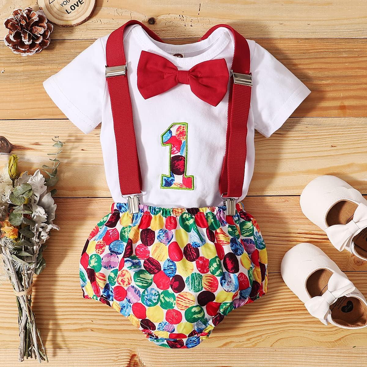 imageIDOPIP Baby Boys 1st Birthday Cake Smash Outfit Bowtie Romper Suspenders Shorts Pants Formal Suit Clothes for Photo ShootRed Printed