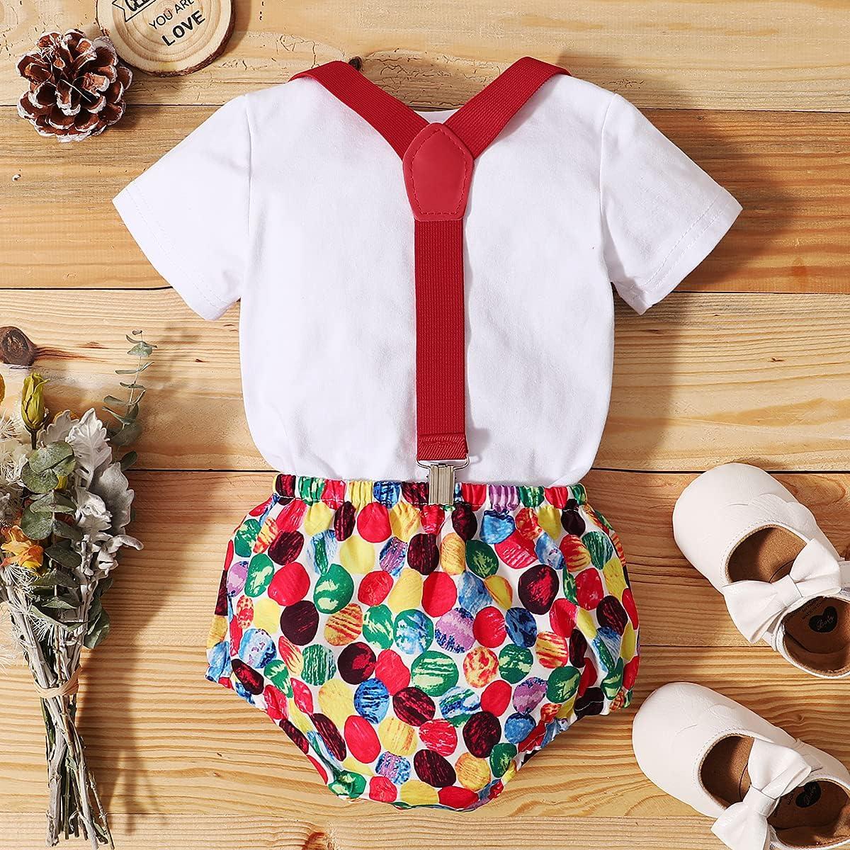 imageIDOPIP Baby Boys 1st Birthday Cake Smash Outfit Bowtie Romper Suspenders Shorts Pants Formal Suit Clothes for Photo ShootRed Printed