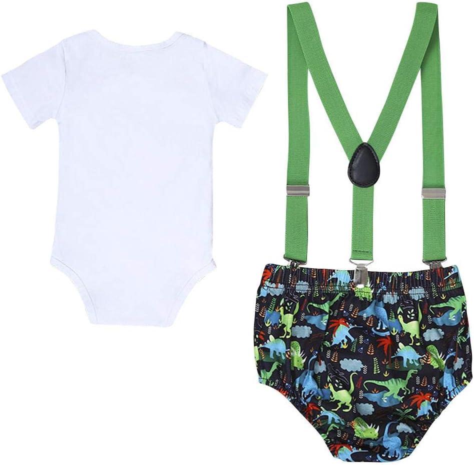 imageIDOPIP Baby Boys 1st Birthday Cake Smash Outfit Bowtie Romper Suspenders Shorts Pants Formal Suit Clothes for Photo ShootWhite  Green Dinosaur