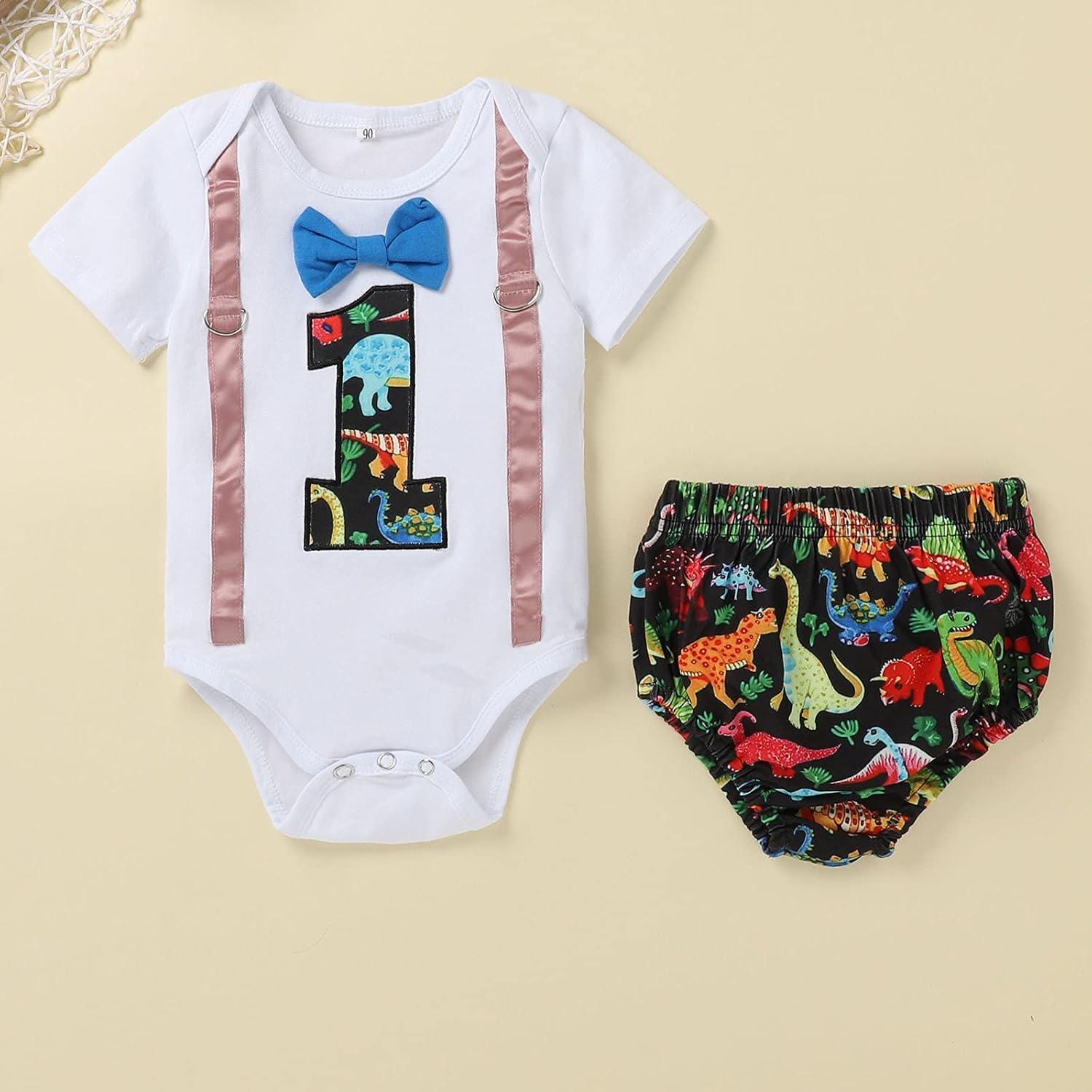 imageIDOPIP Baby Boys 1st Birthday Cake Smash Outfit Bowtie Romper Suspenders Shorts Pants Formal Suit Clothes for Photo ShootWhite Dinosaur