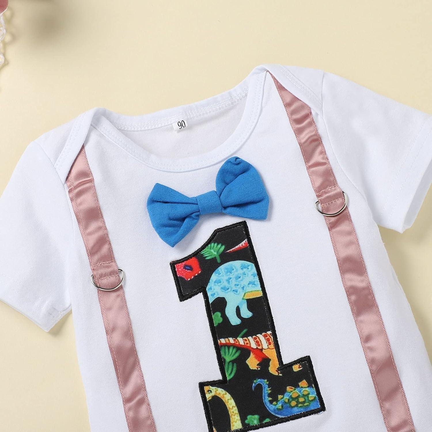 imageIDOPIP Baby Boys 1st Birthday Cake Smash Outfit Bowtie Romper Suspenders Shorts Pants Formal Suit Clothes for Photo ShootWhite Dinosaur